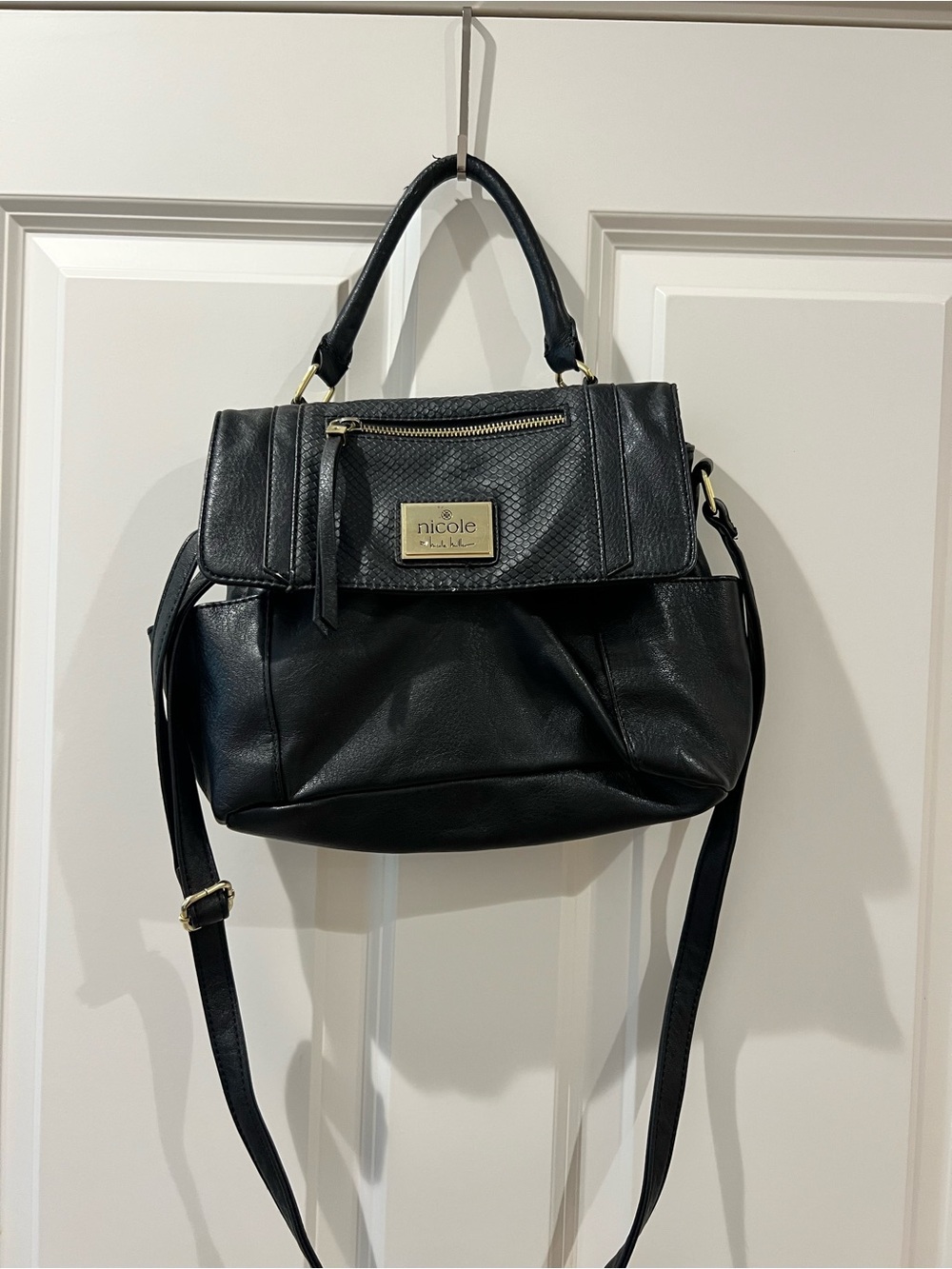 Nicole Miller Black Faux Leather Satchel with Top Handle & Crossbody Strap